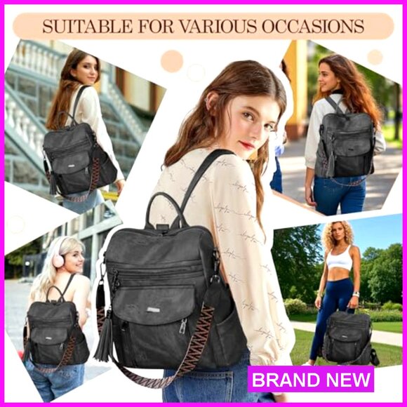 PU Leather Convertible Backpack Purse with 9 Pockets for Travel Daily Use